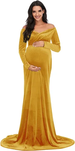 ZIUMUDY Vestido de maternidad de terciopelo con hombros descubiertos, vestido de fotografía de manga larga para sesión de fotos, vestido de baby