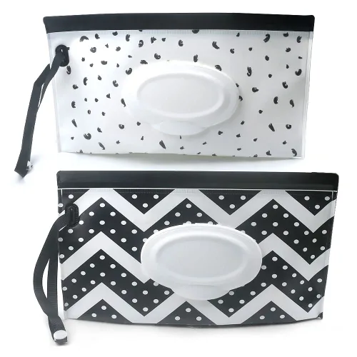 Dispensador de toallitas húmedas para bebé, portátil, recargable, bolsa dispensadora de toallitas húmedas reutilizable para viaje (negro y blanco)