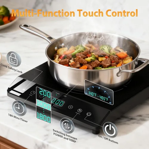 Miniatura 2 de Placa de inducción de quemador único, cocina de inducción portátil certificada ETL de 1800 W, bobina de calentamiento grande de 8 pulgadas, 12