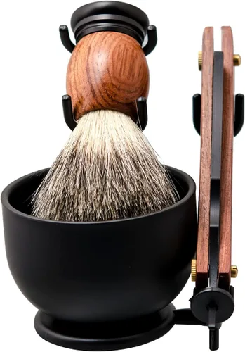Miniatura 4 de Kit de afeitado con navaja recta Grandslam, navaja recta de acero con afeitador de cuero, brocha de afeitar, cuenco y soporte de afeitado de acero