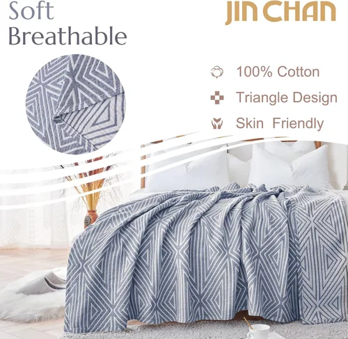 Miniatura 2 de jinchan Manta de muselina boho de 100% algodón, tamaño individual, 60x80 pulgadas, ligera, de 3 capas, diseño geométrico cruzado, reversible, colcha