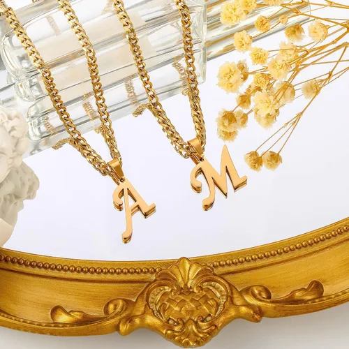 Miniatura 4 de LUXEJEW Collares con inicial de cadena cubana de oro para hombres, dije de letra, collar con inicial para hombres, niños y mujeres, collares