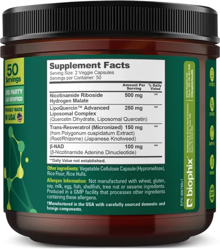Miniatura 8 de biophix Suplemento liposomal NAD+ para mujeres y hombres, 1000 mg por porción, ribósido de nicotinamida, resveratrol micronizado y complejo