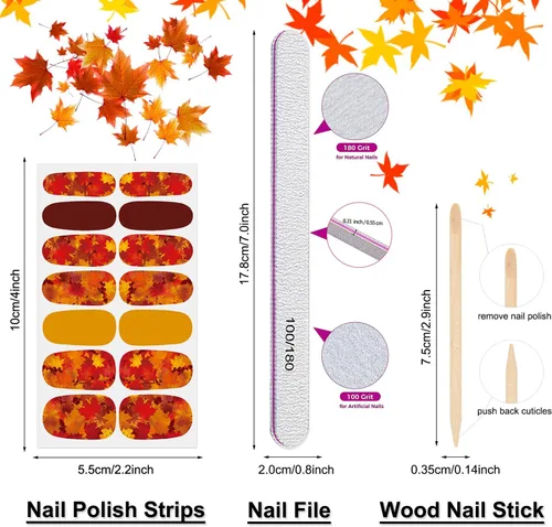 Miniatura 4 de 8 hojas de esmalte de uñas de otoño para mujer, hojas de arce, tiras de esmalte de uñas de gel, autoadhesivas, manicura con lima y palito para Otoño