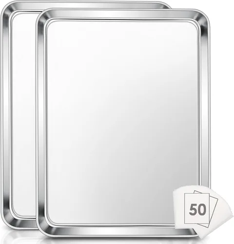 Miniatura 10 de E-far - Juego de 2 bandejas pequeñas para hornear, horno tostador de acero inoxidable de 9.4 x 7.3 pulgadas con 50 papeles pergaminos, mini bandeja
