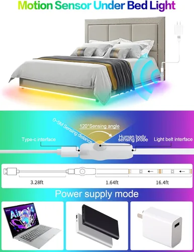 Miniatura 5 de KANTUTOE Tira de Luz LED Activada por Movimiento, 16.4 Pies de Tira de Luz LED con Sensor de Movimiento para Interiores con Control por APP, Luces