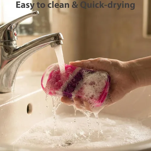 Miniatura 4 de 2 piezas de esponja corporal de silicona, esponja de baño y ducha exfoliante 2 en 1, esponja de loofah de silicona suave para piel sensible, Púrpura