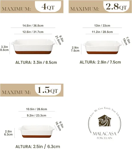 Miniatura 2 de MALACASA Fuentes para horno, Juego de 3 fuentes de cerámica para hornear, Juego de fuentes para hornear, Bandeja rectangular para lasaña profunda