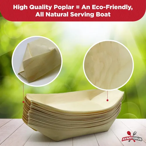 Miniatura 6 de Paquete de 25 botes de sushi biodegradables extra grandes de 10 pulgadas. Platos de aperitivo 100% desechables. Bandejas de alimentos de madera