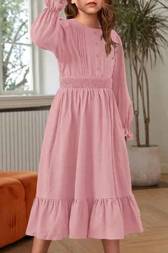 Miniatura 2 de HOSIKA Vestido casual de otoño de manga larga con cuello redondo y volantes escalonados y bolsillos para niñas de 6 a 12 años