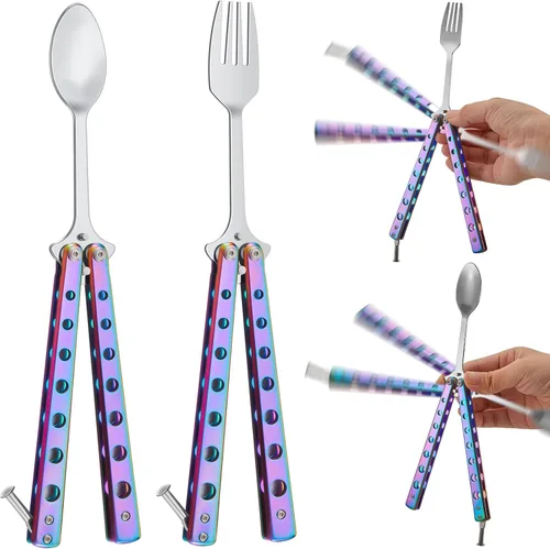 Miniatura 10 de Flutesan Juego de 2 Piezas de Tenedor y Cuchara Mariposa, Cuchara Táctica Mariposa Plegable de Acero Inoxidable Conjunto de Utensilios Spork