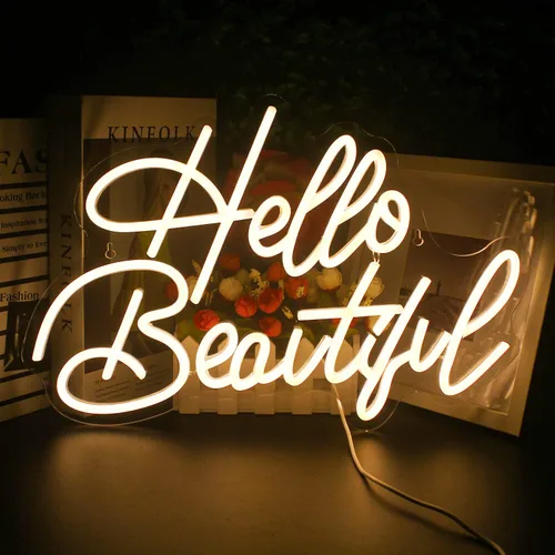 LooKLight Letrero de neón con texto en inglés «Hello Beautiul», color blanco cálido, letras de neón para decoración de pared, letreros de luz LED