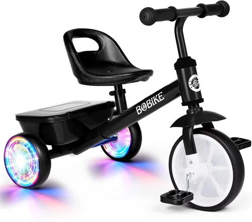 Bobike Triciclo para niños de 2 a 5 años, triciclo con 2 ruedas de luz LED, bicicleta para niños pequeños con asiento de 3 posiciones y canasta Negro
