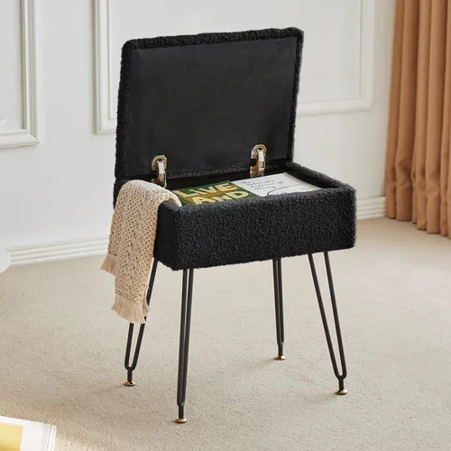 Miniatura 12 de Taburete de tocador, taburete otomano de piel sintética de peluche con patas de metal y pies negros ajustables, silla de maquillaje con Blanco
