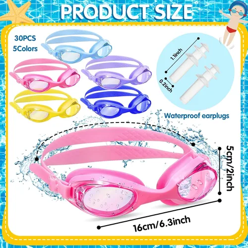 Miniatura 4 de Macarrie Paquete de 40 gafas de natación para niños a granel sin fugas con tapones para los oídos, gafas de natación ajustables de silicona