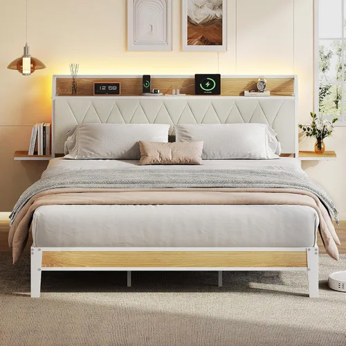Miniatura 15 de WLIVE Base de cama individual con cabecero, base de cama tapizada con 2 estantes de almacenamiento, cama de plataforma con luces LED y estación