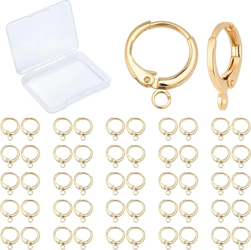 CREATCABIN 1 caja 50 ganchos redondos chapados en oro real de 18 quilates con palanca trasera de latón francés para orejas con lazo abierto, Dorado