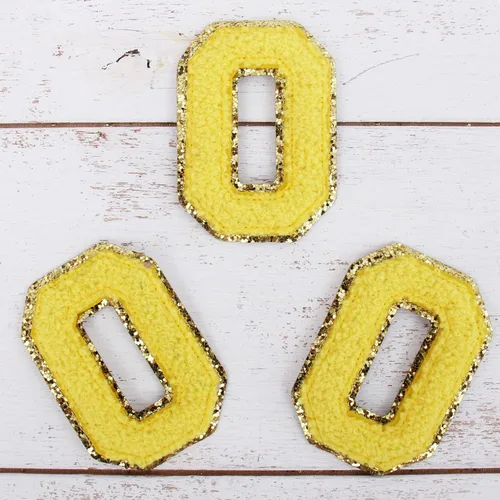 Miniatura 95 de Paquete de 3 parches de felpilla termoadhesivos con brillantina de las letras "S" de 2.0 in de alto, tela de felpilla negra con ribete dorado