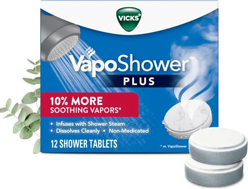 Miniatura 13 de Vicks VapoShower Plus, tabletas de bomba de ducha, vaporizadores calmantes no medicados, 12 tabletas y cristales de baño Vicks VapoBath, solución