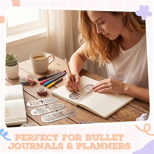 Miniatura 5 de Chinco 4 Pieces Stencils Metal Journal Template 7.9 x 2.4 Inches Bookmark Ruler School Supplies Stainless Steel Stencils Set for DIY, Engraving
