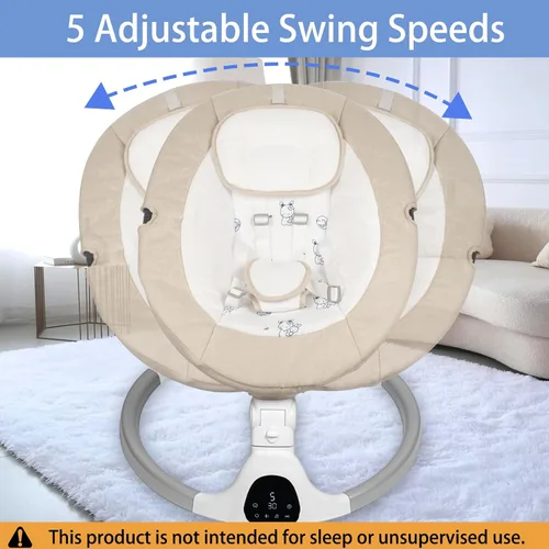 Miniatura 2 de Columpio eléctrico para bebés, columpio ajustable de 5 velocidades con música Bluetooth, temporizador, arnés de 5 puntos y base estable para uso