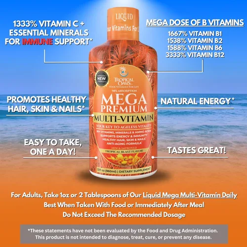 Miniatura 4 de Mega Premium Multivitamínico líquido Vitamina natural de apoyo inmunológico con 1333% de vitamina C, 200% D3, zinc + 20 vitaminas, 70 minerales