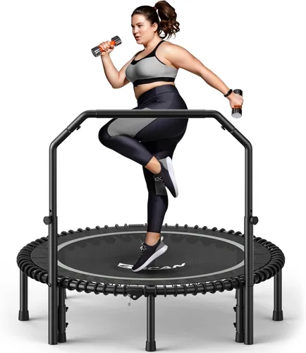 BCAN BT2 - Mini trampolín de rebote de 450/550 libras para adultos con barra, trampolín de fitness con cuerdas elásticas, mango ajustable, estable y