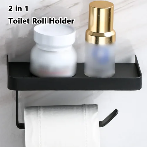 Miniatura 3 de Soporte adhesivo de papel higiénico con estante, soporte de rollo de papel higiénico de acero inoxidable 304, dispensador de papel higiénico