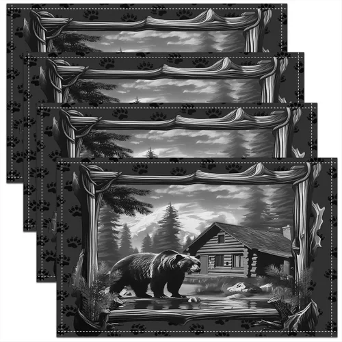 Miniatura 8 de jejeloiu Manteles individuales de mesa con osos para niños, manteles de mesa de animales salvajes de granja, mantel individual rústico de familia