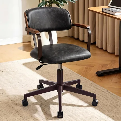Miniatura 10 de BFZ Silla de escritorio retro de mediados de siglo para oficina en casa con respaldo, piel sintética, altura ajustable, giratoria, reposabrazos