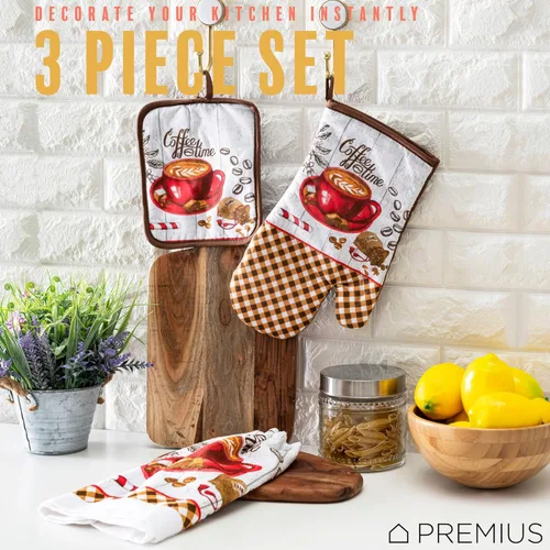 Miniatura 3 de Juego de ropa de cocina estampada Coffee Time de 3 piezas, 1 toalla de algodón, 1 agarradera, 1 guante de horno con lazo para colgar, material 100%