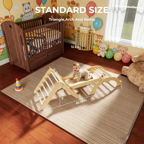 Miniatura 4 de LINKHOO Pikler Triangle Set of 3, Wooden Montessori Climbing Set for Toddlers Ages 2-6, Indoor Jungle Gyms with Arch, Ramp and Ladder, Natural