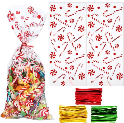 Boao 100 bolsas de celofán, bonitas bolsas de golosinas transparentes con 150 lazos giratorios para suministros de fiesta (estilo navideño 11)