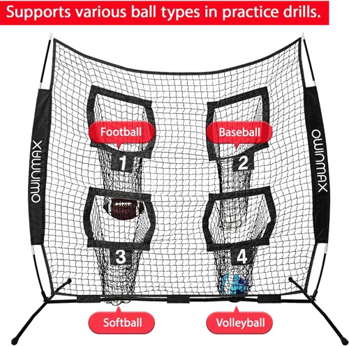 Miniatura 6 de 6x6 pies Red de Lanzamiento de Fútbol, Red de Entrenamiento y Práctica con 4 Objetivos, Incluye Bolsa de Transporte y Estaca para Suelo, Negro