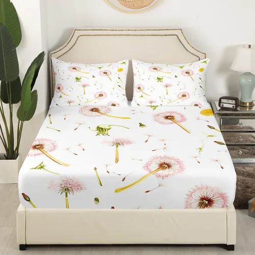 Miniatura 3 de Manfei Sábana bajera ajustable de diente de león rosa, tamaño individual, funda de cama de flores en acuarela con 1 funda de almohada, juego de ropa