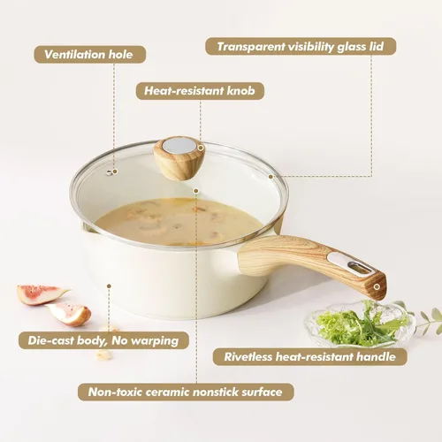 Miniatura 8 de SENSARTE - Cacerola antiadherente de cerámica con tapa, olla pequeña de 2.0 cuartos de galón, olla de cocina blanca con asa que no se calienta, olla