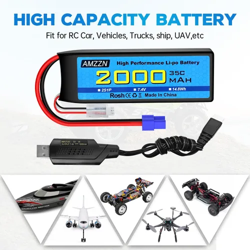 Miniatura 2 de Batería Lipo de 7.4V 2000mAh 35C 2S EC2 Plug Lipo con cable de carga USB para coche RC, modelo de camión, barco de control remoto, RC Quadcopter