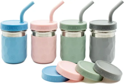 Miniatura 11 de WeeSprout Vasos 2 en 1 para niños, vaso de acero inoxidable duradero para batidos, pajitas de silicona con tapones, tapas giratorias de plástico
