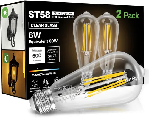 Bombillas del amanecer al anochecer, 6 W equivalente a 60 W, blanco suave 2700 K, base E26, detección de luz, estilo vintage ST58, 600 lm, bombillas