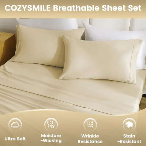 Miniatura 6 de CozySmile Juego de sábanas transpirables y refrescantes, sábanas de lujo de 4 piezas con bolsillo profundo para cama de tamaño matrimonial, se Beige