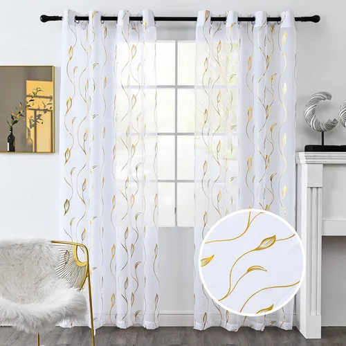 Miniatura 22 de Youleyar - 2 paneles de cortinas de gasa con estampado de lámina dorada, con ojales en la parte superior, para ventana, de 63 pulgadas de largo