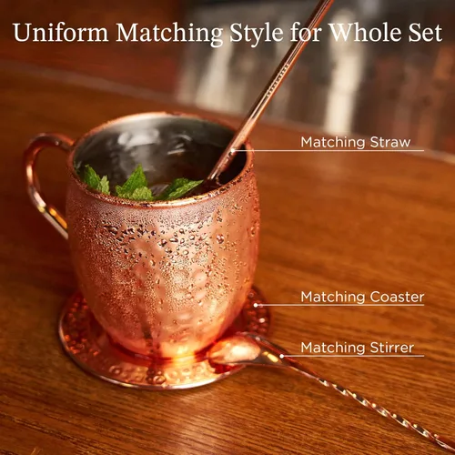 Miniatura 3 de KITESSENSU 16-PC All-in-One Moscow Mule Mugs Set, 17 oz Hammered Copper Mule Mugs Kit with Straws, Coasters, 20/40ml Jigger, Opener and Stirrer