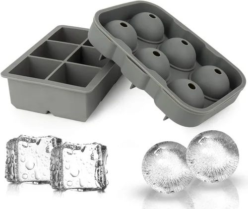 Miniatura 8 de Ticent Bandejas de cubitos de hielo (juego de 2), molde de silicona para bolas de hielo con forma de esfera para whisky con tapas y moldes cuadrados