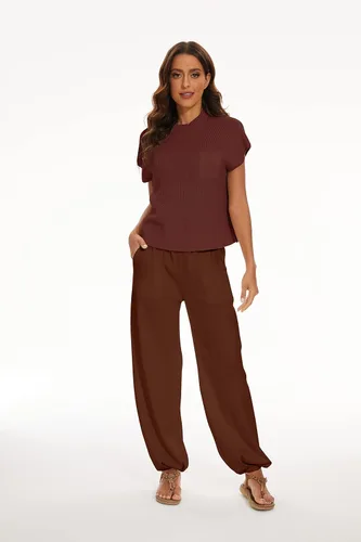Miniatura 3 de SAFRISIOR Conjunto de suéter de dos piezas para mujer, sin mangas, suéter de punto y pantalones de cintura alta