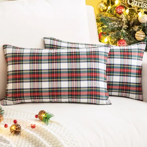 Miniatura 17 de AQOTHES Juego de 2 fundas de almohada decorativas a cuadros de Navidad para decoración rústica de casa, tartán escocés, verde, 22 x 22 pulgadas