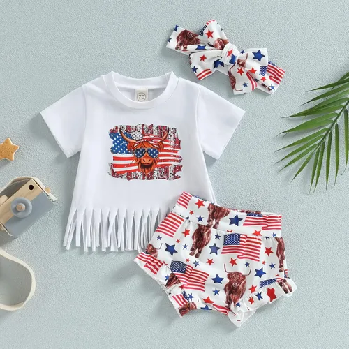 Miniatura 2 de 4 de Julio Bebé Niña Ropa de Verano Traje de Arco Iris Camiseta de Bebé Americano Conjunto de Pantalones Cortos