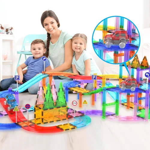 Miniatura 2 de PicassoTiles Juego de 3 autos de juguete magnéticos con luz LED, altamente detallado, compatible con imán, carreras, pistas de carreras, accesorios