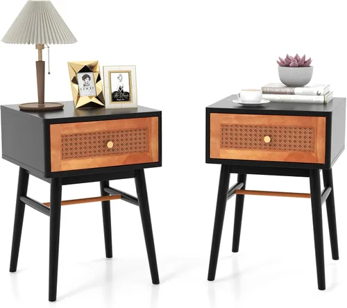 Miniatura 12 de Giantex Mesita de noche de ratán, mesa auxiliar bohemia con cajón de almacenamiento decorado de ratán y patas de madera maciza, mesita de noche
