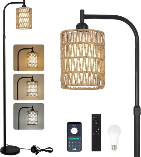LAMSU Lámpara de pie con control remoto, lámpara de pie de ratán regulable con bombilla LED, lámpara de poste alto industrial negra con pantallas de