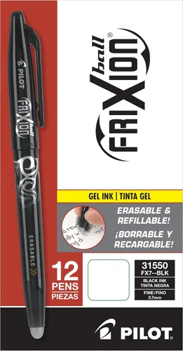 PILOT FriXion Ball - Bolígrafos de tinta de gel borrables y recargables, punta fina, tinta color negro, paquete de 12 unidades (31550)